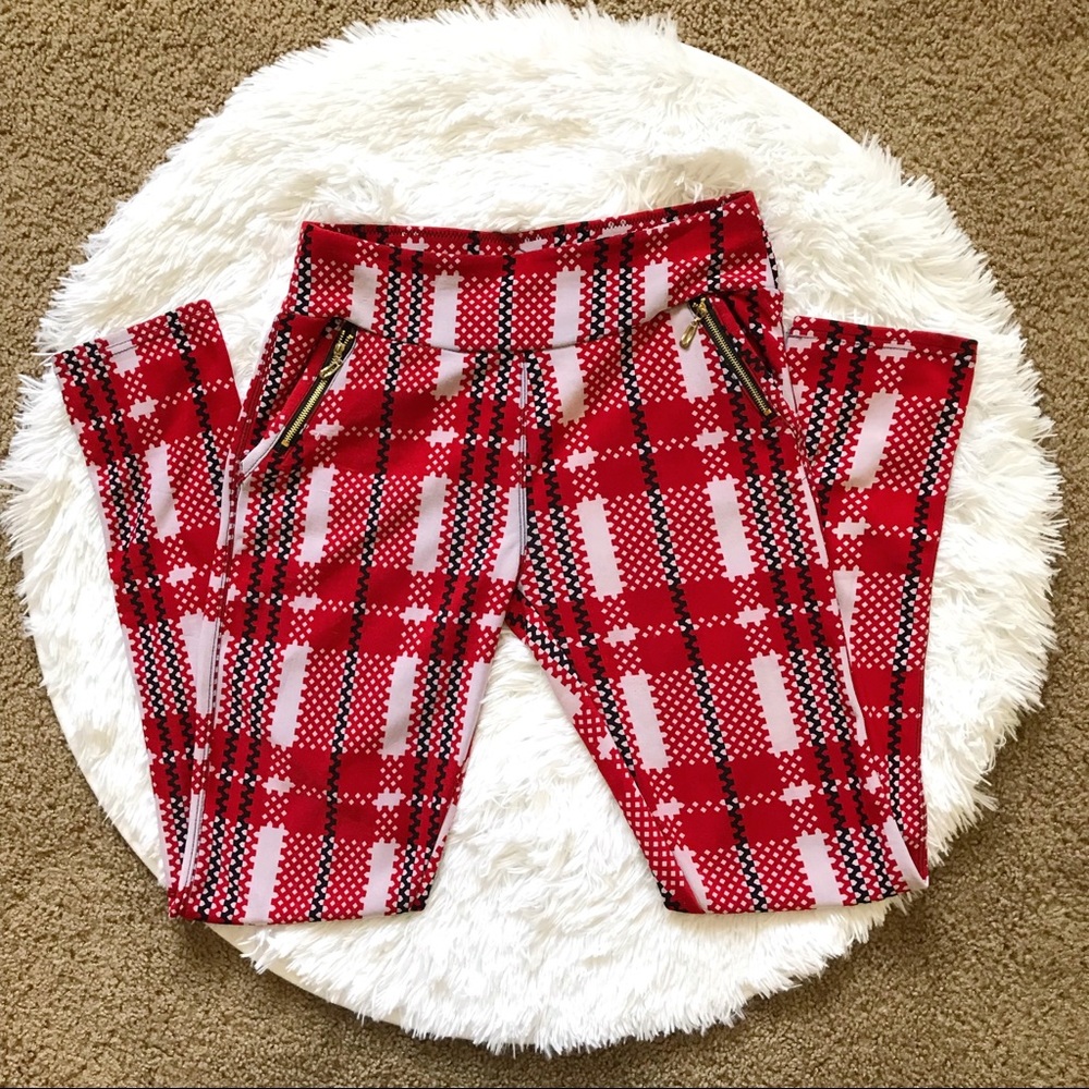 Large Red & White Checker Print Leggings With Zippers